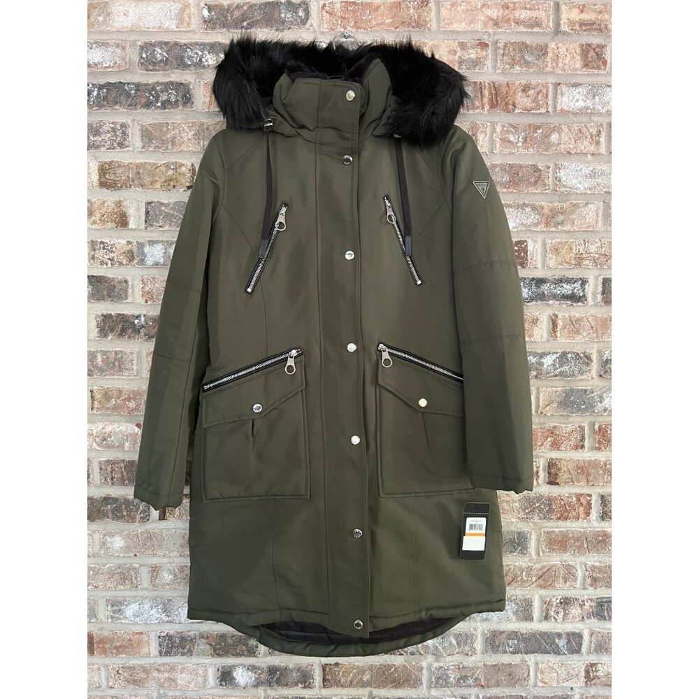 GUESS Women's Faux Fur Trim Hooded Parka Winter Coat Sage Size S NWT